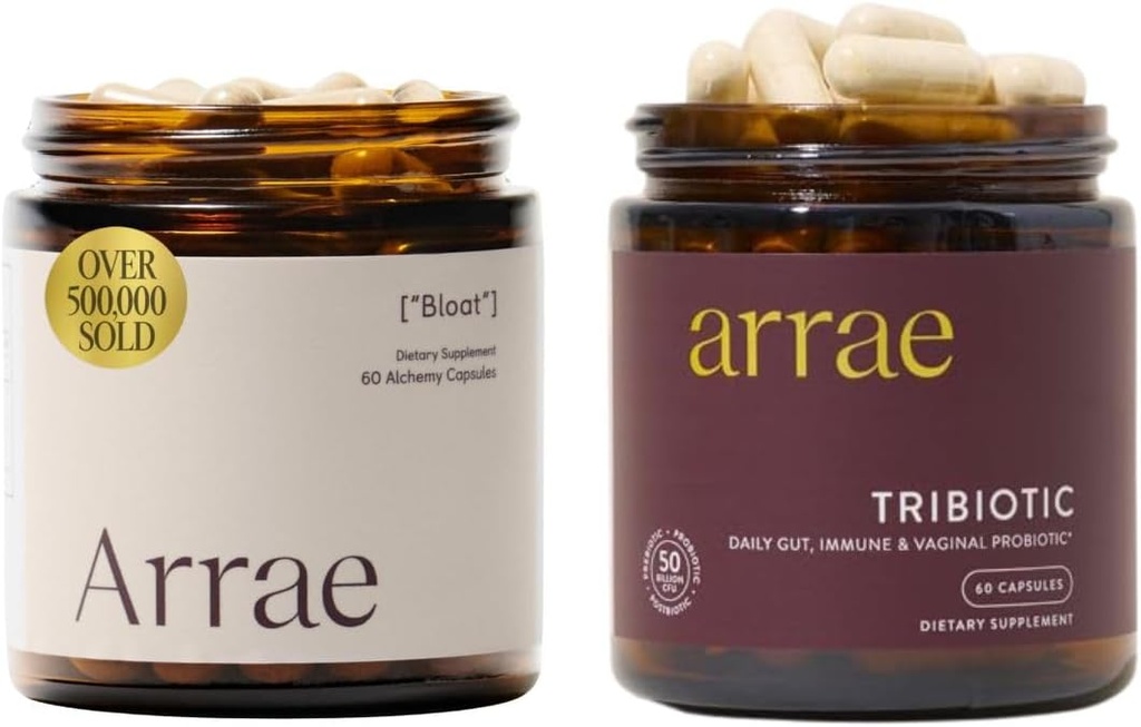 Arrae Bloat + Tribiotisk Bundle, Bloating Relief fordøjelsesfremmende enzymer, Gas & fordøjelsesbesvær Relief, Probiotika til kvinder, Støtte til vaginal pH balance, immunforsvar og feminin sundhed, 60 kapsler hver