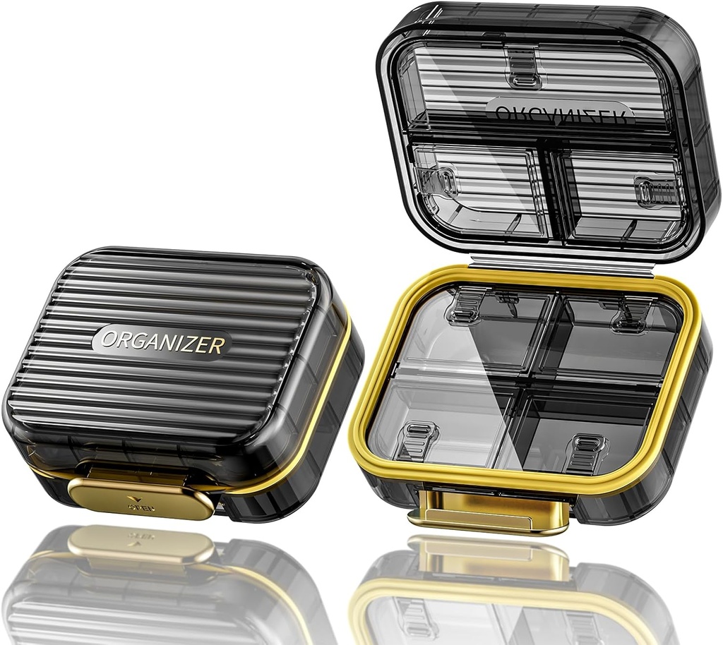 Rejse Pill Case, Lille Pill Box til purse, Acedada Portable Daily Pill Container, Compact Fugtsikre 7 Compartments Pill Organizer, Stilfuld Medicine Holder for Vitaminer Fish Oliils, Sort