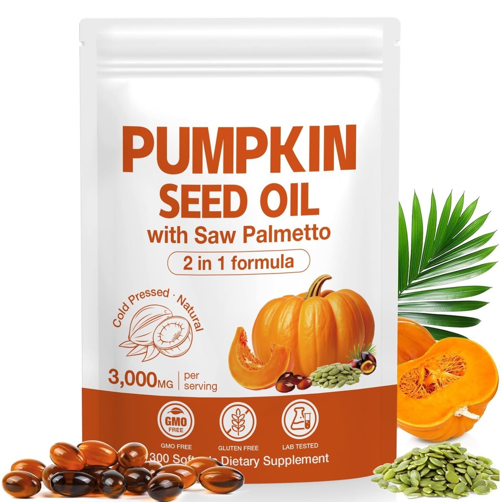 Pumpkin Seed Oil with Saw Palmetto Capsules 300 Softgels - 3000mg Max Strength, Cold-Pressed, Supports Hair, Urinary, Bladder & Prostate Health, Boosts Immunity, Non-GMO