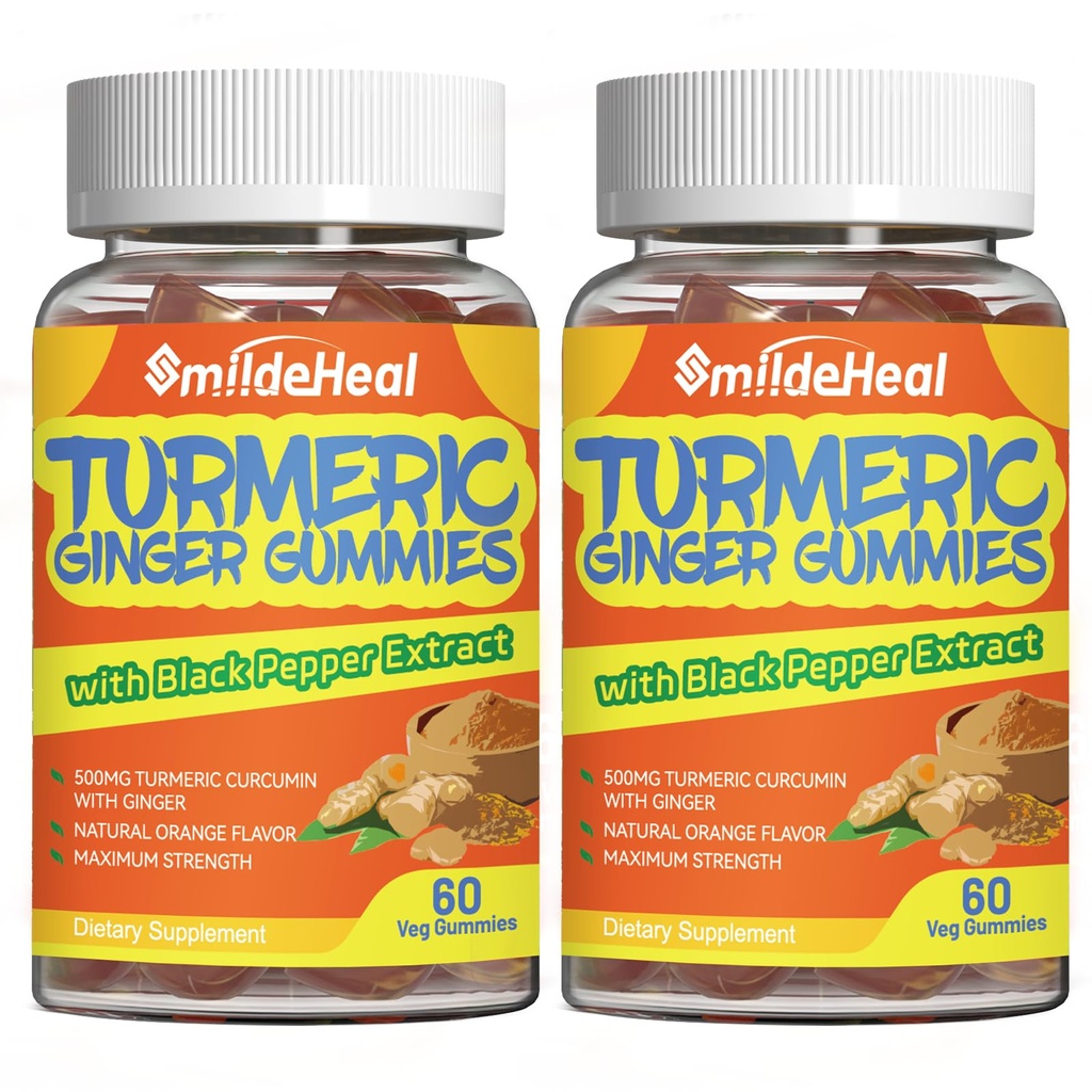 Gurkemeje Gummies 500mg, med Gurkemeje Root Extract, Gingerrod, Sort Pepper Extract, Antioxidant Support, Orange Flavor Gummies, 60 Greve (Pack of 2)