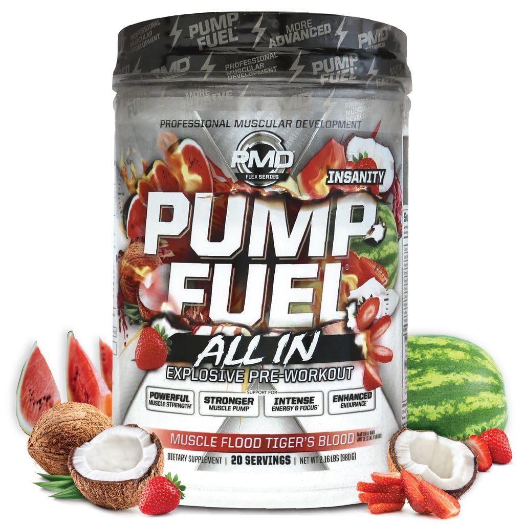 PMD Sports Pump Fuel ALL IN Insanity, Ultimate Pre Workout Powder & Muscle Pump, Maximum Strength Energy, Focus, Endurance & Recovery, Creatine & Beta Alanine - Muscle Flood Tiger’s Blood, 20 Servings
