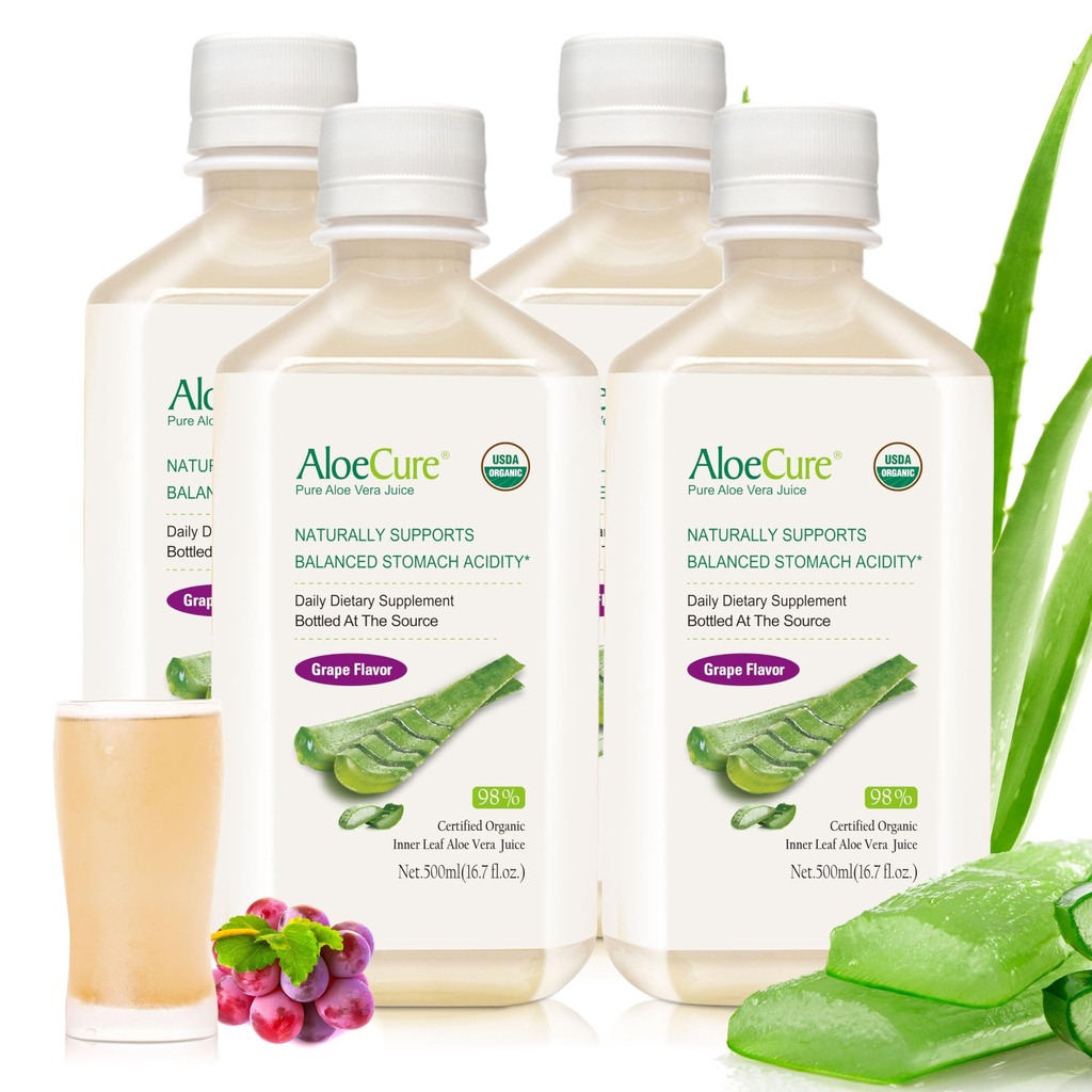 AloeCure USDA Organic Aloe Vera Juice Grape Flavor, Lavet inden for 12 Timer af Høst - Pure Aloe Vera fordøjelig & immunsundhed supplement, Hjælper med at opretholde Balanceret Mavesyre, 16.7oz x 4 Btls
