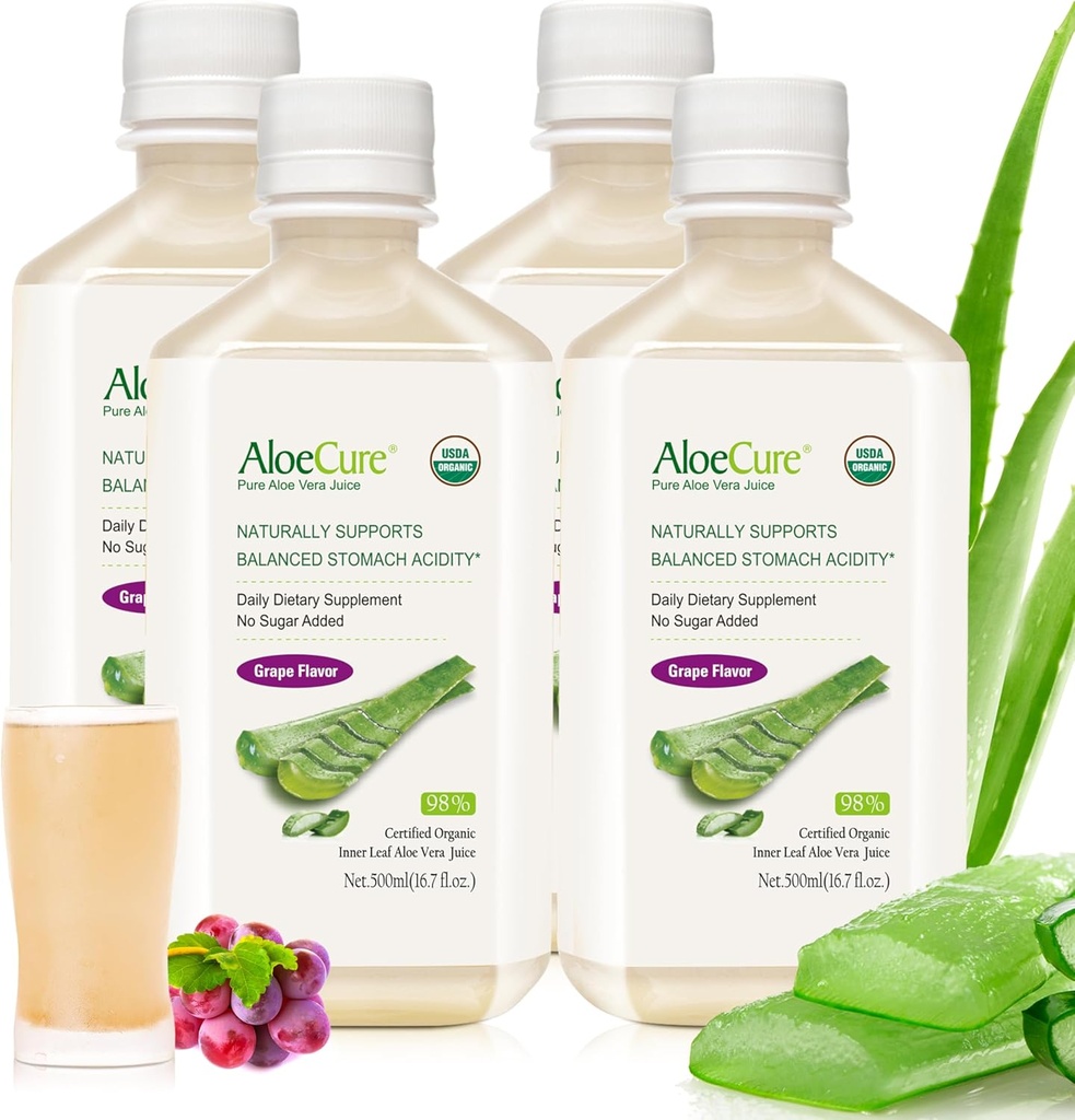 AloeCure USDA Organic Aloe Vera Juice Grape Flavor, Lavet inden for 12 Timer af Høst - Pure Aloe Vera fordøjelig & immunsundhed supplement, Hjælper med at opretholde Balanceret Mavesyre, 16.7oz x 4 Btls