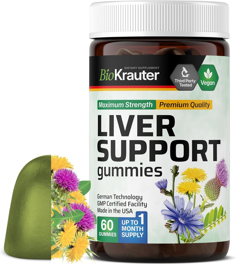 BIO KRAUTER Liver Supplement Gummies - 60 Vegan Chews w/Milk Thistle, Dandelion Root for Liver Cleanse & Detox - 80% Silymarin