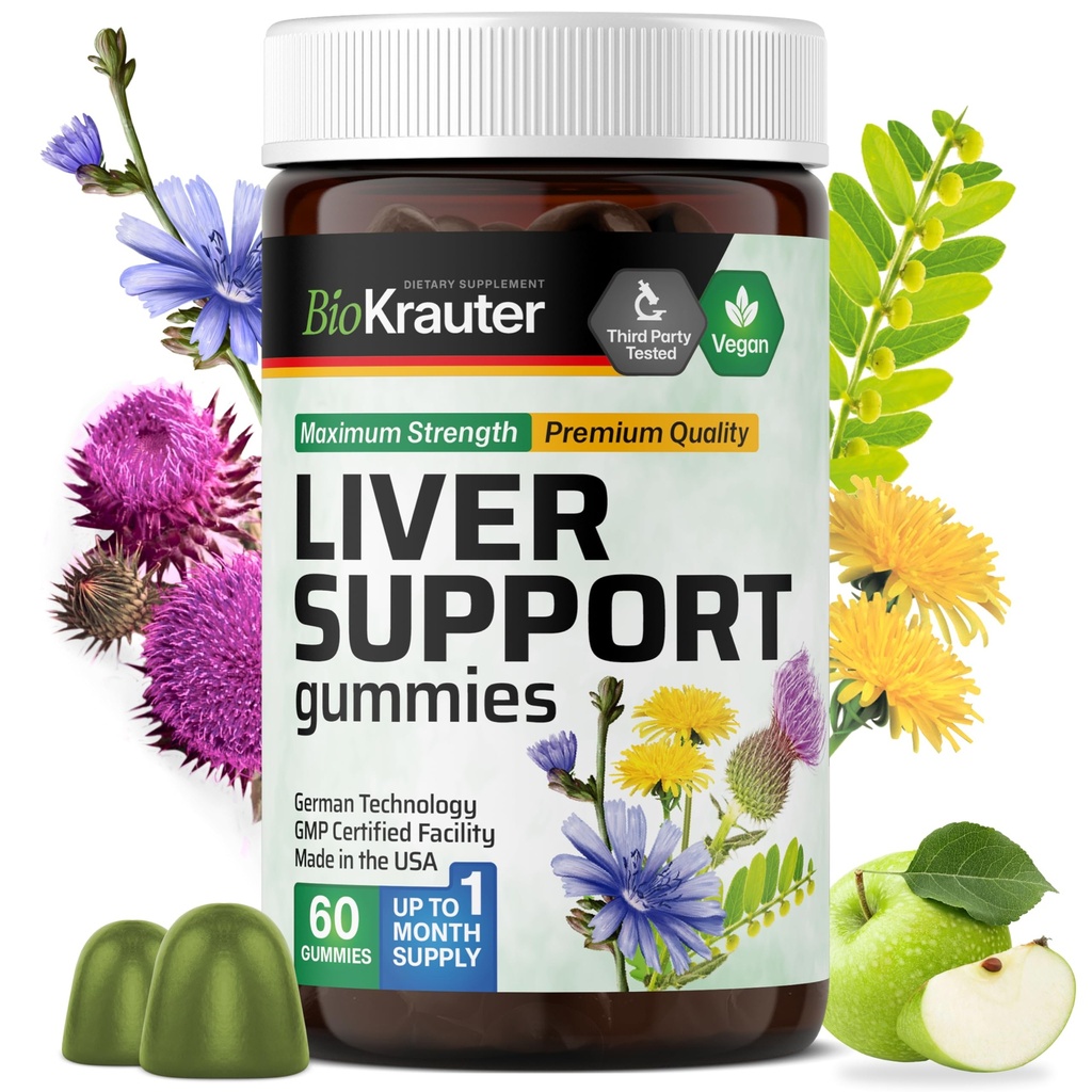 BIO KRAUTER lever supplement Gummies - 60 Veganske tykkere w / Milk Thistle, Mælkebøtte Rod til lever rense & Detox - 80% Silymarin