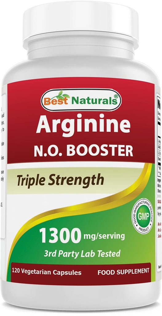 Bedste Naturals L- Arginin NO Booster Triple Strength 1300 mg Serving 120 Veg Kapsler - Lavet med L- Arginin, AAKG, L- Citrullin, Beet Powder