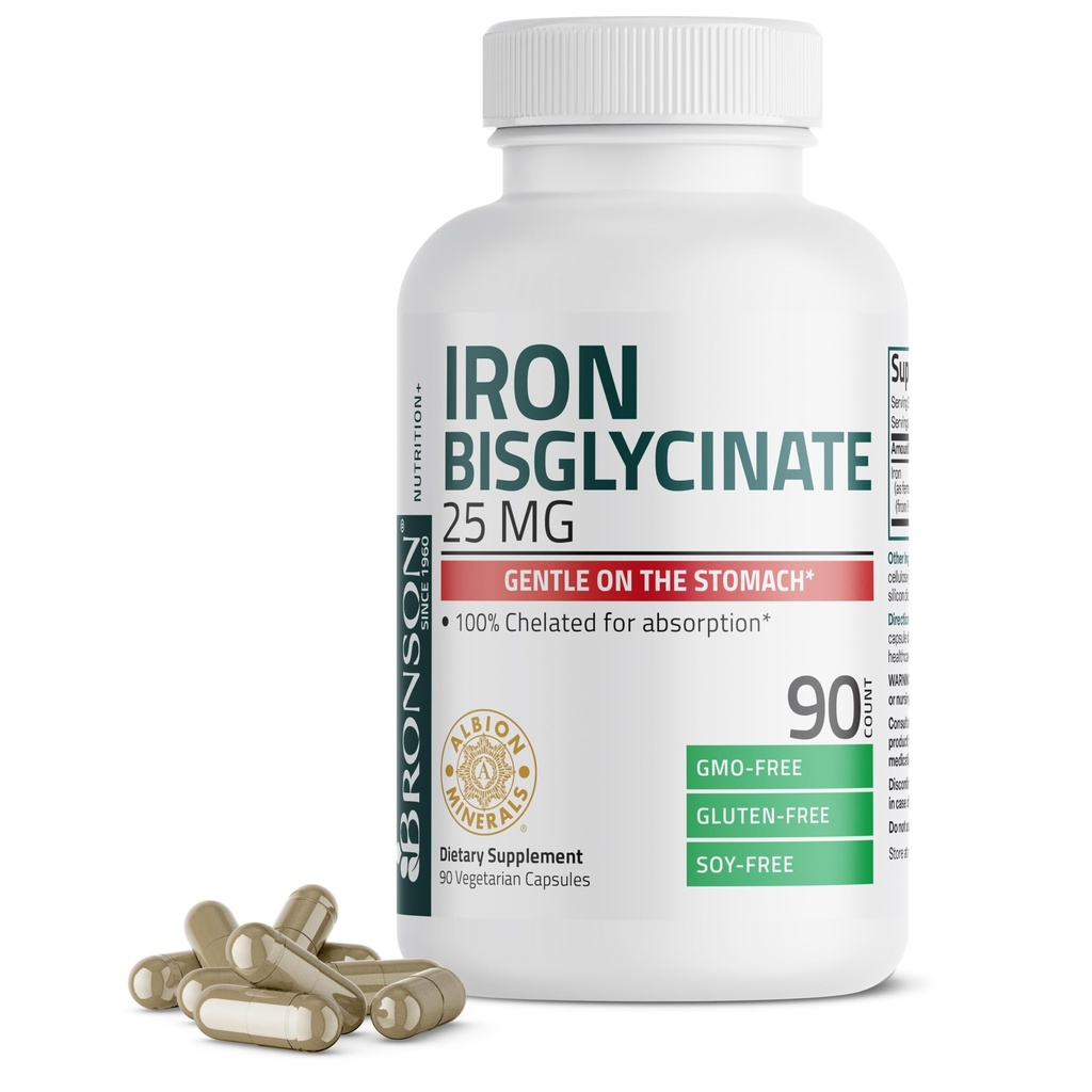 Bronson Iron Bisglycinate 25 mg blister på Maven, understøtter Energy & Sund Red Blood Cell Production - Non-Constipating Formel - Ikke GMO, 90 Vegetariske Kapsler