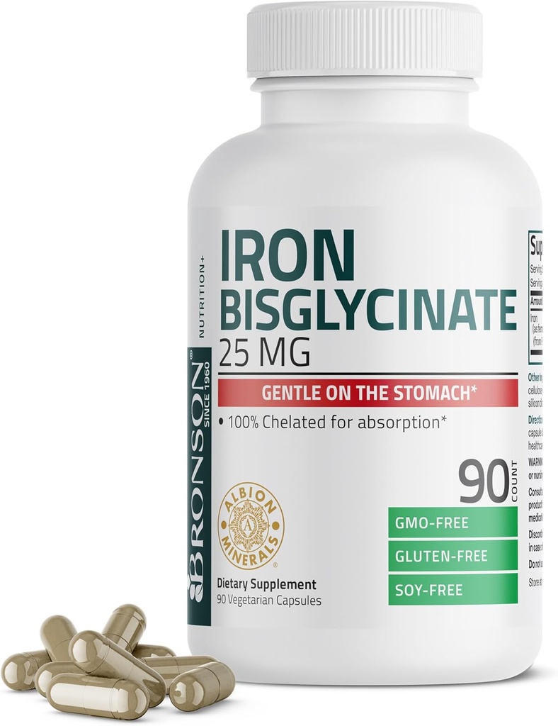 Bronson Iron Bisglycinate 25 mg blister på Maven, understøtter Energy & Sund Red Blood Cell Production - Non-Constipating Formel - Ikke GMO, 90 Vegetariske Kapsler