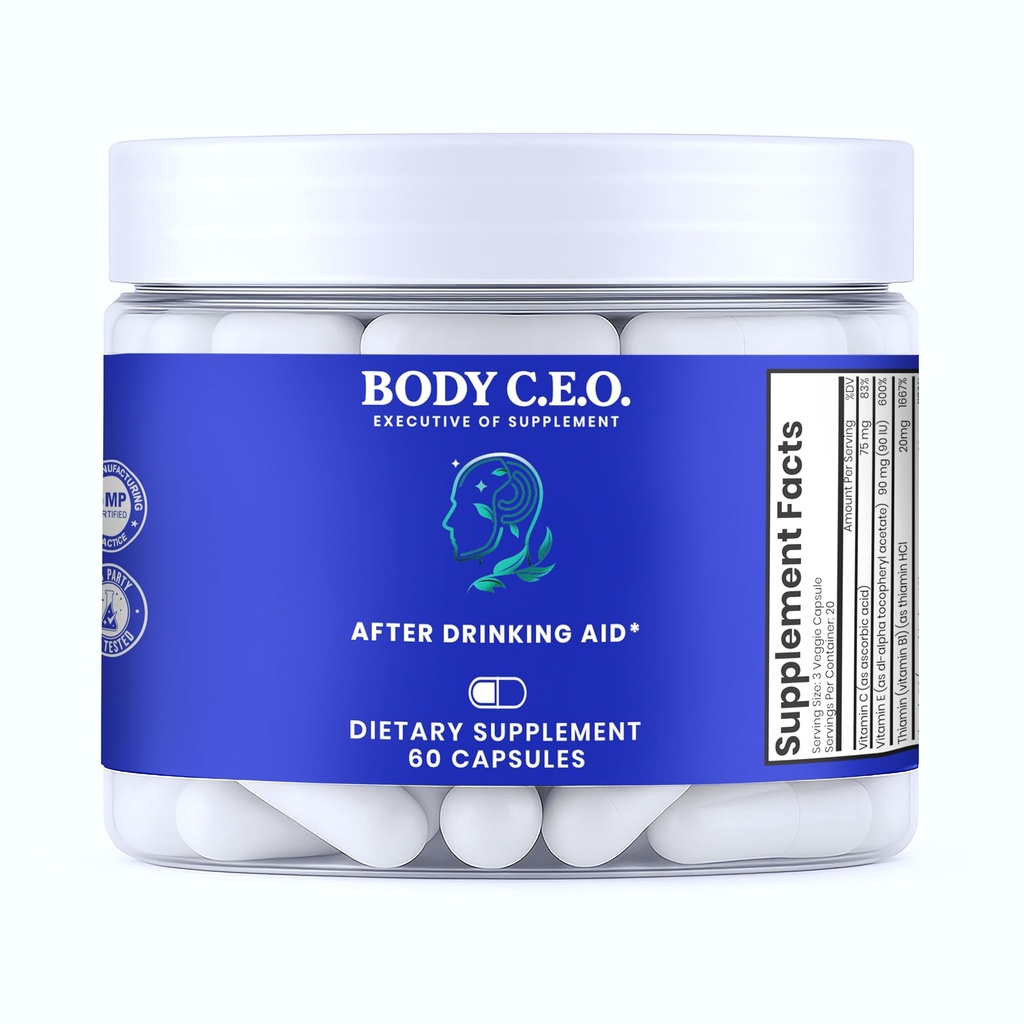 Body C.E.O. After Drinking Aid - Electrolyte Balance & Recovery - DHM (Dihydromyricetin), L-Cysteine, Prickly Pear, Milk Thistle, Zinger, Vitamin-B for Recovery - Filler-Free Formula - 60 Capsules