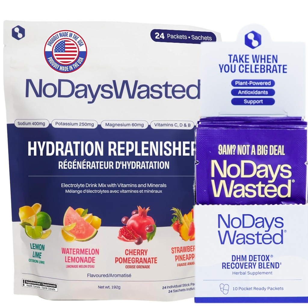 No Days Wasted DHM Detox 10 Servings - Dihydromyricetin (DHM Supplement) with Hydration Replenisher Electrolyte Replacement Stick Packets