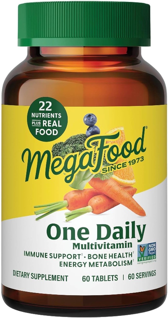 MegaFood One Daily Multivitamin for Women and Men, Immune Support Supplement with Real Food, Vitamin C & Vitamin B, Bone Health, Cellular Energy Metabolism, Vegetarian, Non-GMO, 60 Tablets