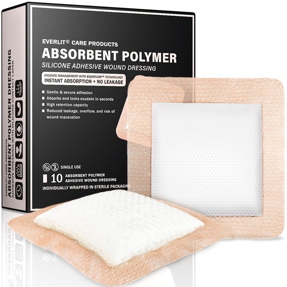 EVERLIT Super Absorbent Polymer Wound Dressing | Silicone Self-Adhesive Bandages with Ultrasorb Matrix for High Retention | 4" x 4" Sterile Adhesive Dressings Pack of 10