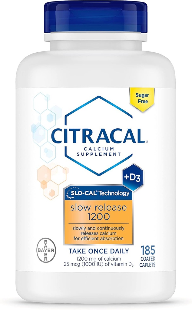 Citracal Slow Release 1200, 1200 mg Calciumcitrat med D-vitamin (1000 IE), D3- vitamin, benhelbredssupport, kalciumtilskud for alder 12 +, 185 Tælling