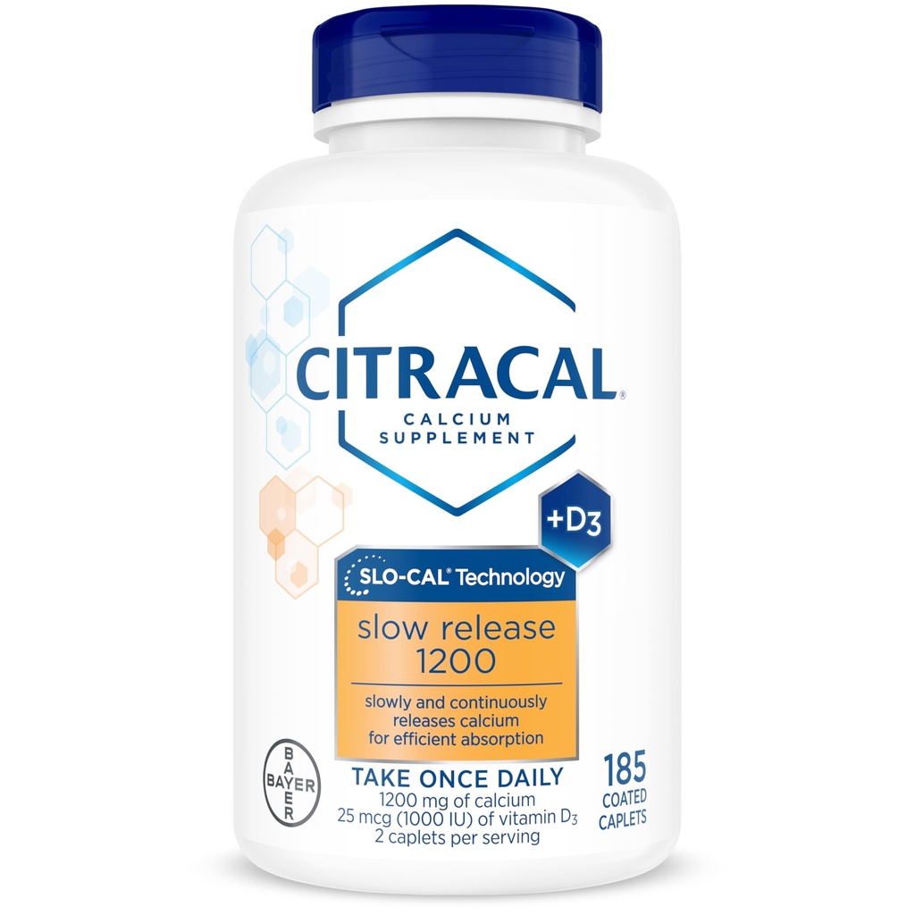 Citracal Slow Release- Calcium 1200 mg med D3- vitamin, Magnesium, Calciumtilskud, Knogletilskud, Tag én gang daglig Caplet, 185 Tæl