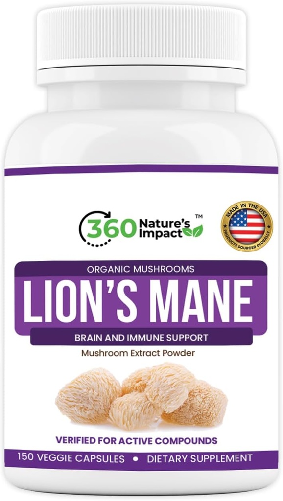 360 Nature 's Impact Lions Mane Mushroom Supplement Kapsler (150 Kapsler) for Brain Health Support, Organisk supplement med Beta- Glucans & Hypromellose for Cognitive System