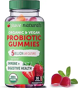 Yuve Vegan USDA Organic Probiotic Gummies - 5 Millioner CFU - fremmer fordøjelsessygdomme & immunitet - Hjælper med Forstoppelse, Bloating, Detox, Leaky Gut & Gas Relief - Natural, Non- GMO, Gluten- Free 30ct
