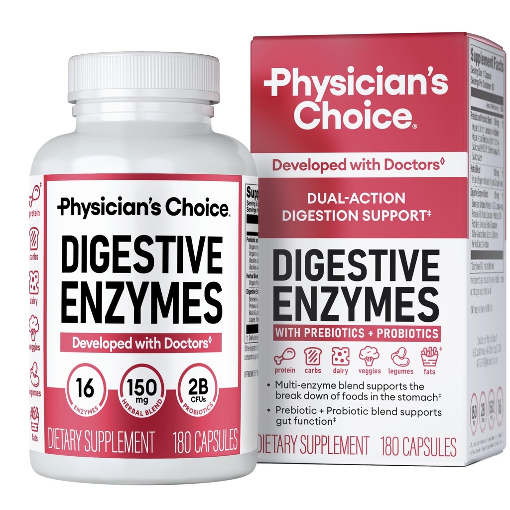 Lægens CHOICE Digitale enzymer - Multi Enzymer, Organic Prebiotics & Probiotika til fordøjelsessygdomme & Gut Sundhed - Meal Time discomfort Relief & Bloating - Dual Action Approach - 180 CT