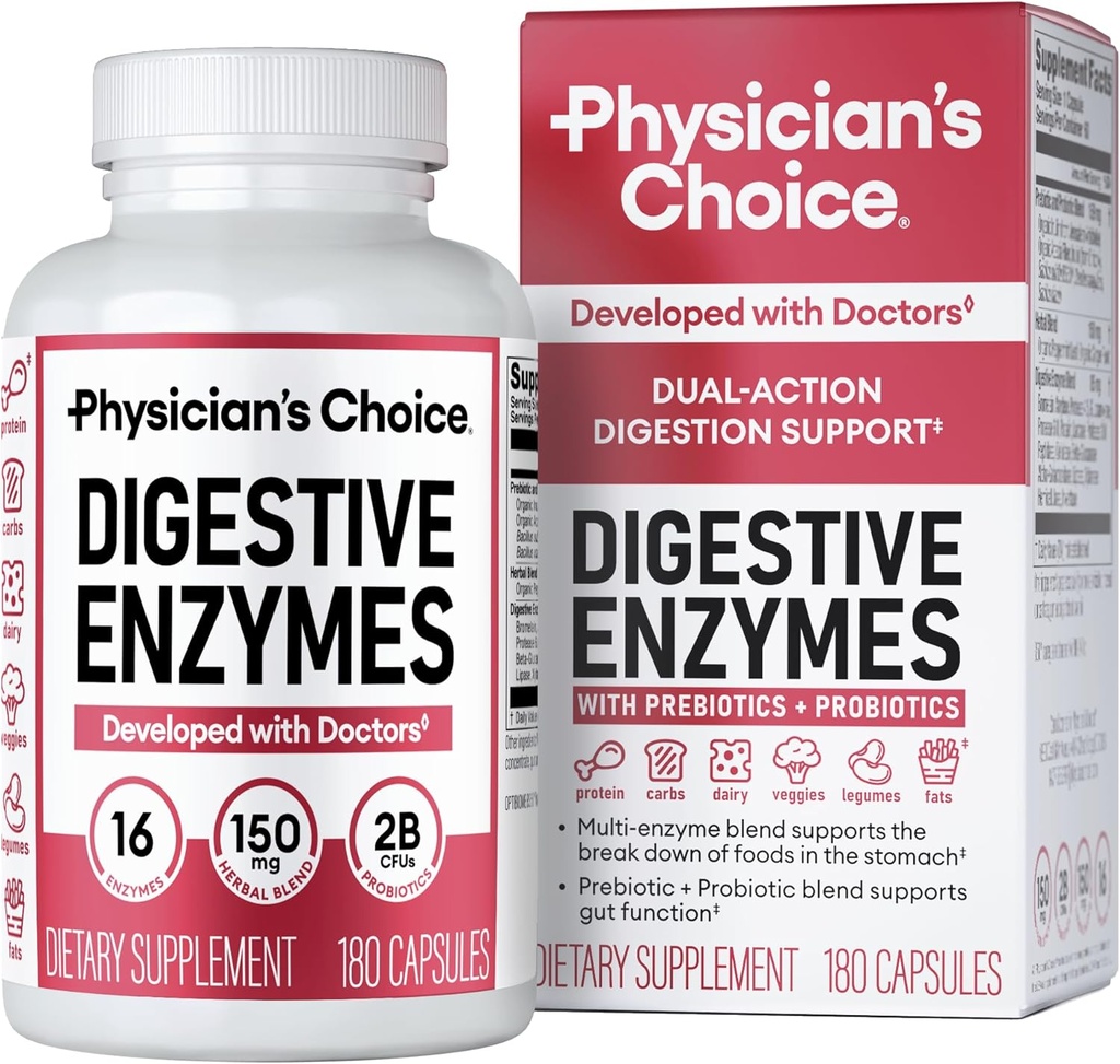 Lægens CHOICE Digitale enzymer - Multi Enzymer, Organic Prebiotics & Probiotika til fordøjelsessygdomme & Gut Sundhed - Meal Time discomfort Relief & Bloating - Dual Action Approach - 180 CT