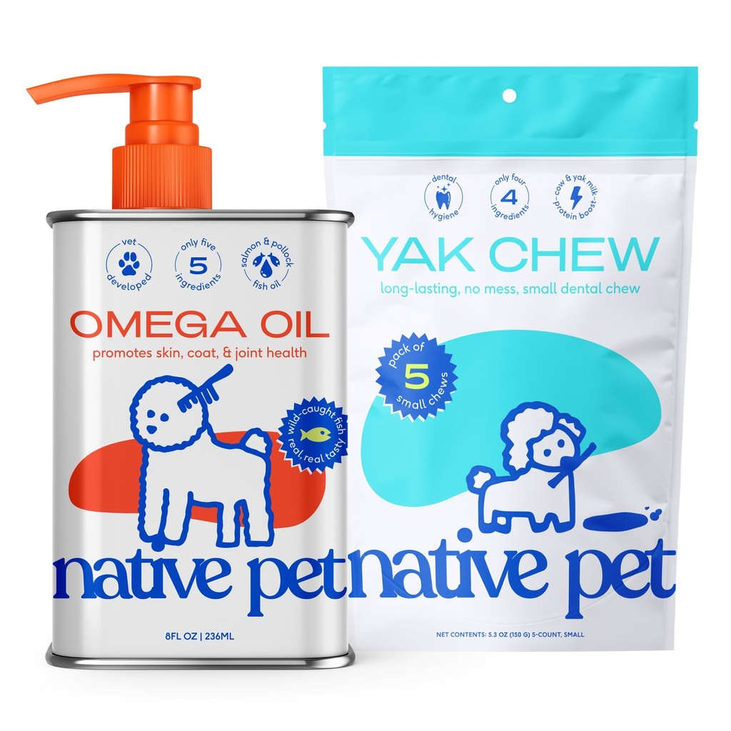 Indfødt Pet Omega Olie til Hunde - Fish Oil Kosttilskud 8 Oz & 5 Lille Yak Chews til Hunde