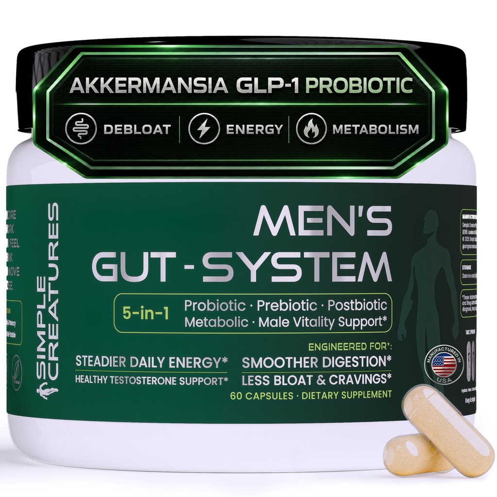 Simple Creatures Akkermansia Probiotic for Men - AKK11™ 5-in-1: GLP-1 Support · Debloat · Complete Gut Health · Male Drive · Energy | Synbiotic | Boron & Tongkat Ali | 60 Caps