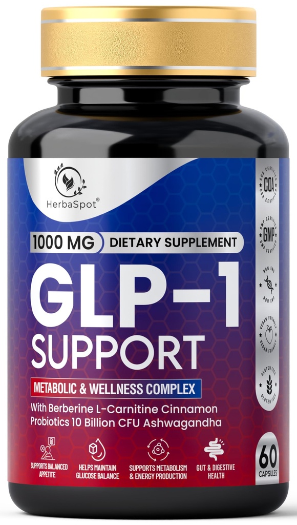 24-in-1 GLP-1 Supplement 1000 mg with Berberine, L-Carnitine, Ashwagandha | Metabolism Support for Satiety & Craving Control | Probiotics 10 Billion CFU for Gut Health & Healthy Energy – 60 Capsules