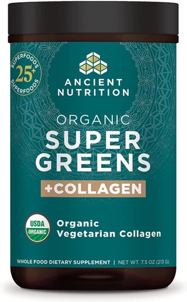 Ancient Nutrition Supergreens Powder, Organic Superfood Powder med collagen, Lavet af ægte frugter, grøntsager og urter, til fordøjelses- og energistøtte, 25 Servere, 7.5oz