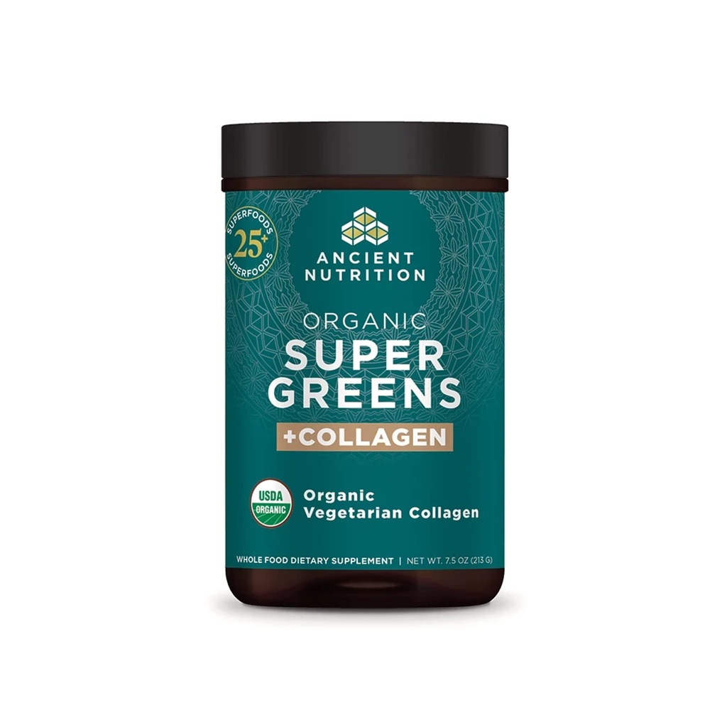 Ancient Nutrition Supergreens Powder, Organic Superfood Powder med collagen, Lavet af ægte frugter, grøntsager og urter, til fordøjelses- og energistøtte, 25 Servere, 7.5oz