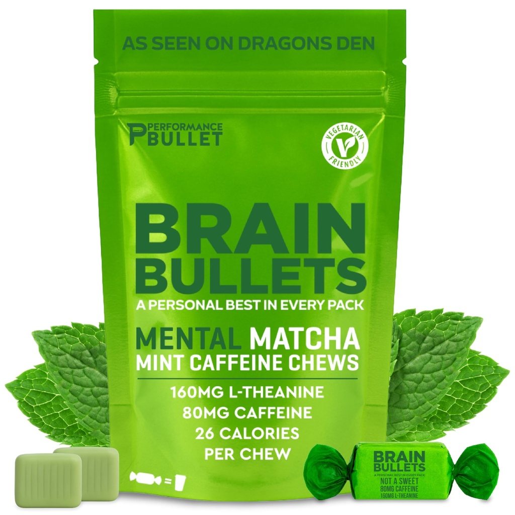 160mg L-Theanine + 80mg Caffeine Chews – Mint Matcha Flavour, Increases Productivity, Mental Clarity, Alertness | 2 Packs - 16 Servings | Brain Bullet | Energy Gum & Focus Gummy Upgrade