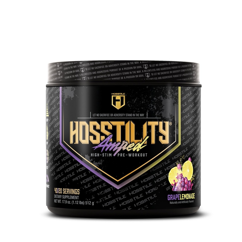 HOSSTILE Hosstility Amped High Stim Pre-Workout – Extreme Energy & Focus, 450mg Caffeine, Nootropics, Pumps, Power, Endurance, Grape Lemonade, 40/20 Servings