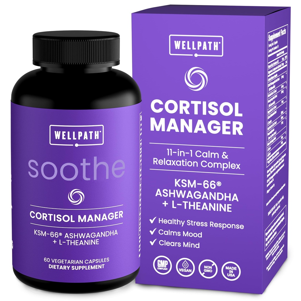 WellPath Cortisol Manager for Women with KSM-66 Ashwagandha, L-Theanine & Magnesium Glycinate - Stress, Sleep & Calm Focus Cortisol Supplement for Women - 11-in-1 Adaptogen Blend, Vegan, 60 Ct