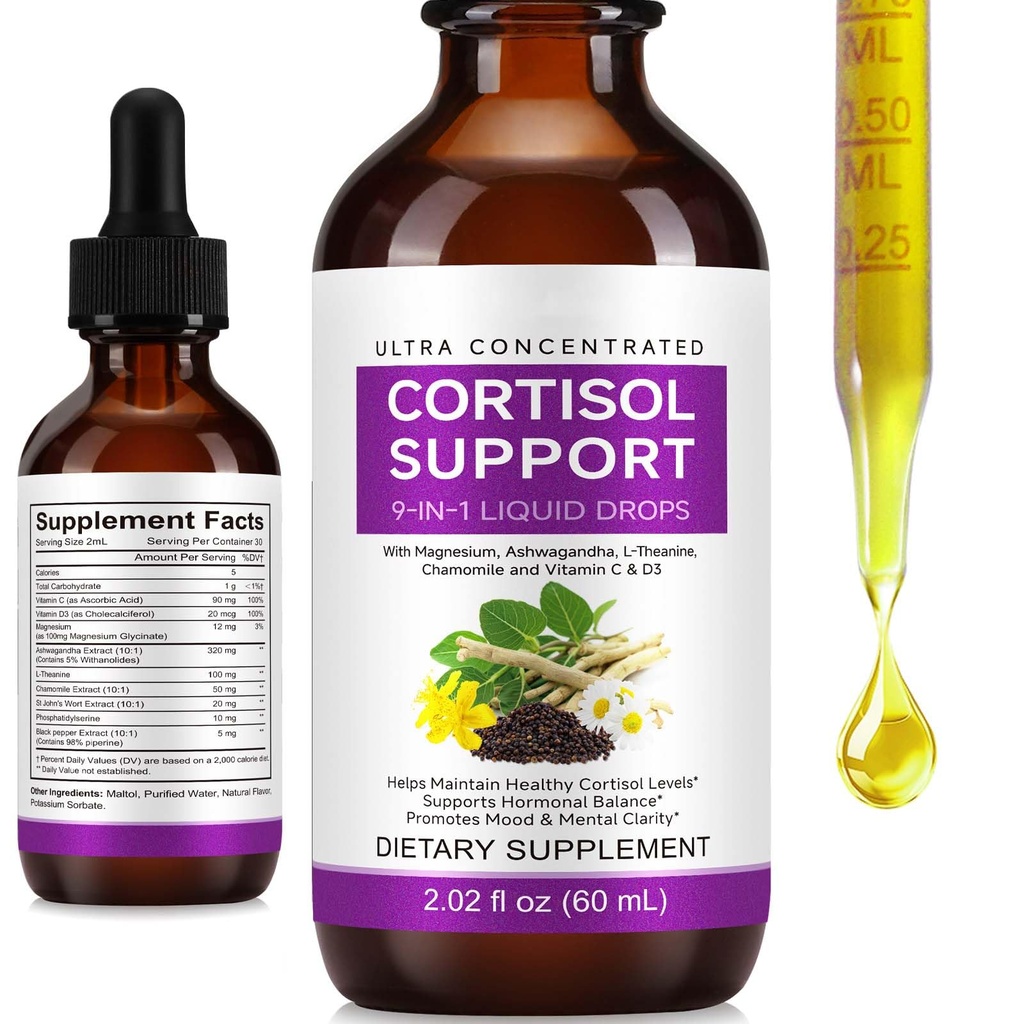 Cortisol Supplement Liquid Drops, 9-in-1 Liquid Drops with Magnesium, Ashwagandha,L-Theanine, Chamomile and Vitamin C & D3 for Lower Cortisol, Calm, Mood Support 2.02 Fl Oz (1)