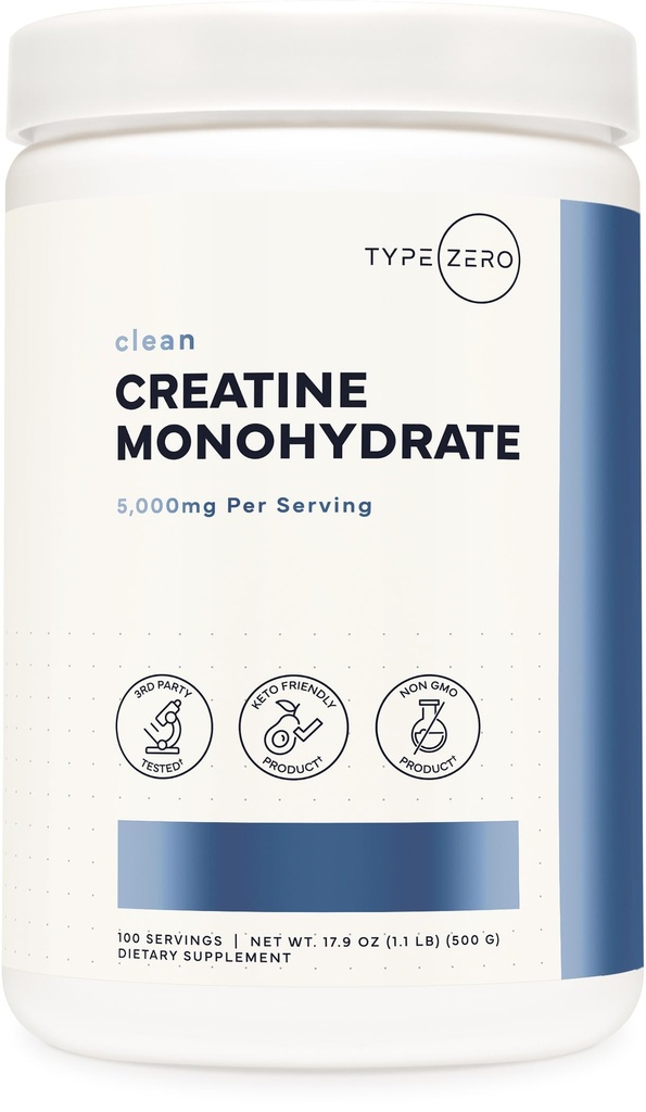 Type Zero Creatin monohydrat pulver (Unflavored • 124; 500g), 5000 mg per servering, mikroniseret, Zero Sugar, Keto Friendly & Gluten Free, 100 Servere