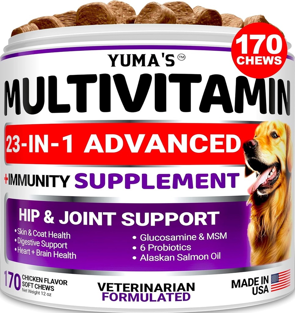 Hund Multivitamin Chewable med Glucosamin - Hund vitaminer og kosttilskud - 170 Treatings - Senior & Puppy Multivitamin til hunde - Hip & fælles støtte - immunforsvar, hud, hjerte, fordøjelse, Probiotika