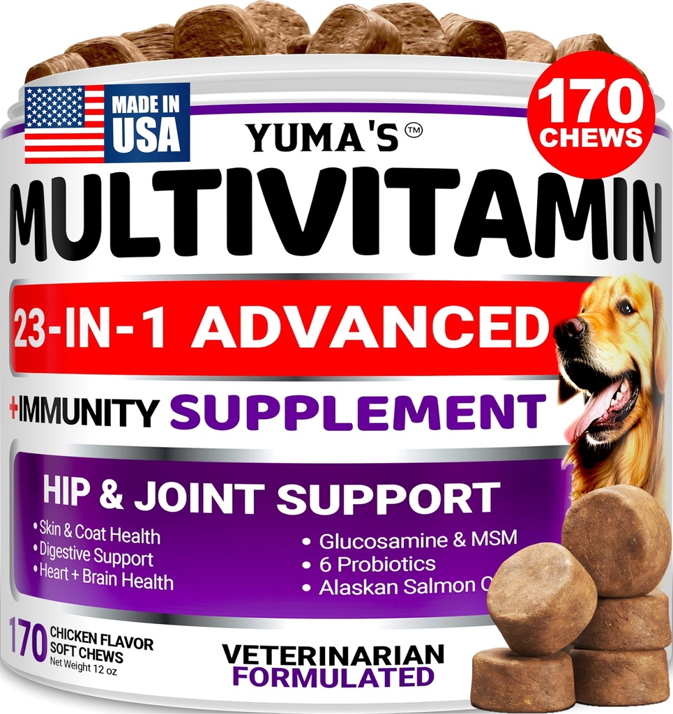 Hund Multivitamin Chewable med Glucosamin - Hund vitaminer og kosttilskud - 170 Treatings - Senior & Puppy Multivitamin til hunde - Hip & fælles støtte - immunforsvar, hud, hjerte, fordøjelse, Probiotika