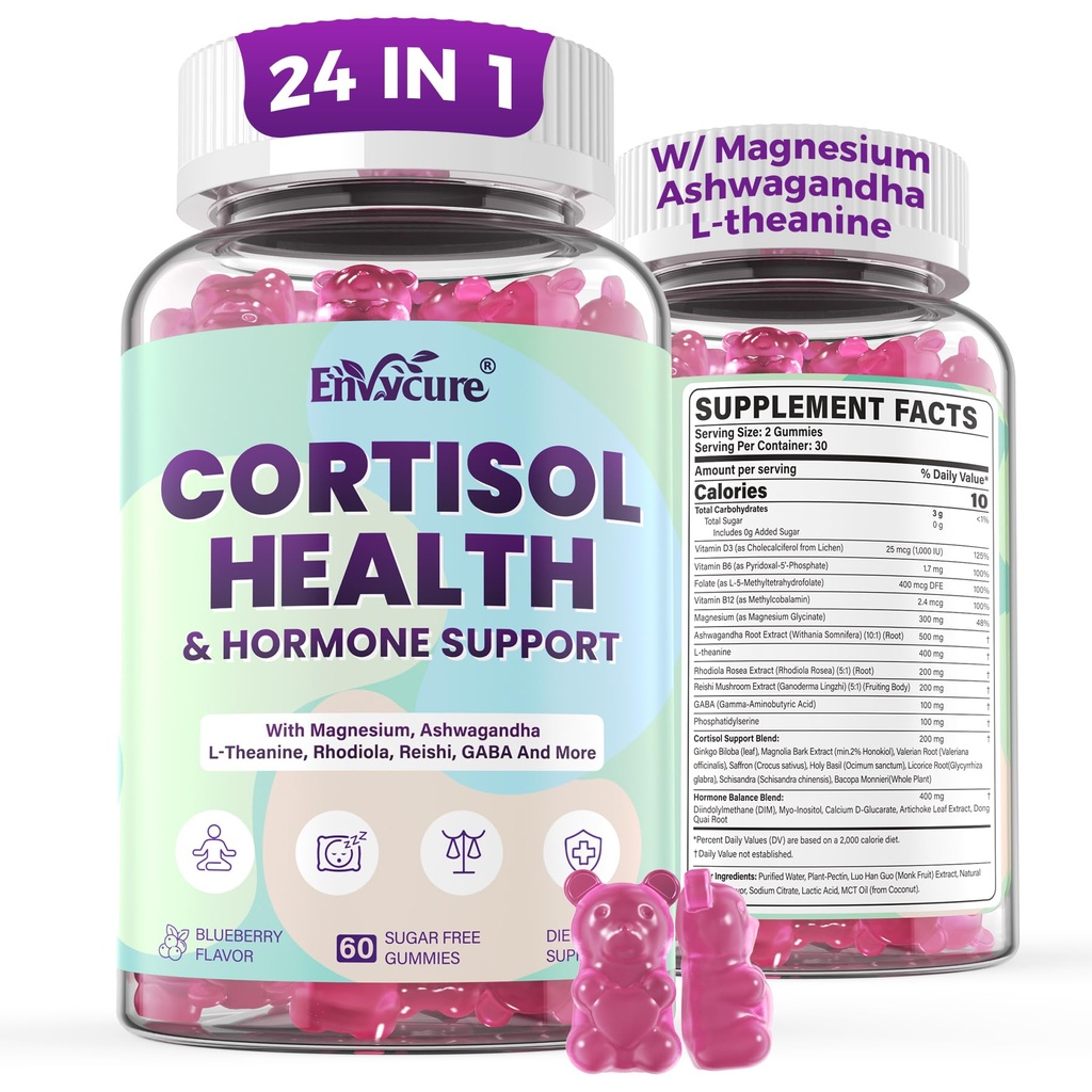Cortisol Supplements for Women & Men, Cortisol Reducer Gummies w/ Magnesium, Ashwagandha, L-Theanine, Rhodiola, Reishi, 24 IN 1 Cortisol Detox Manager for Calm Mood, Focus & Relaxation,Vegan, 120 Cts
