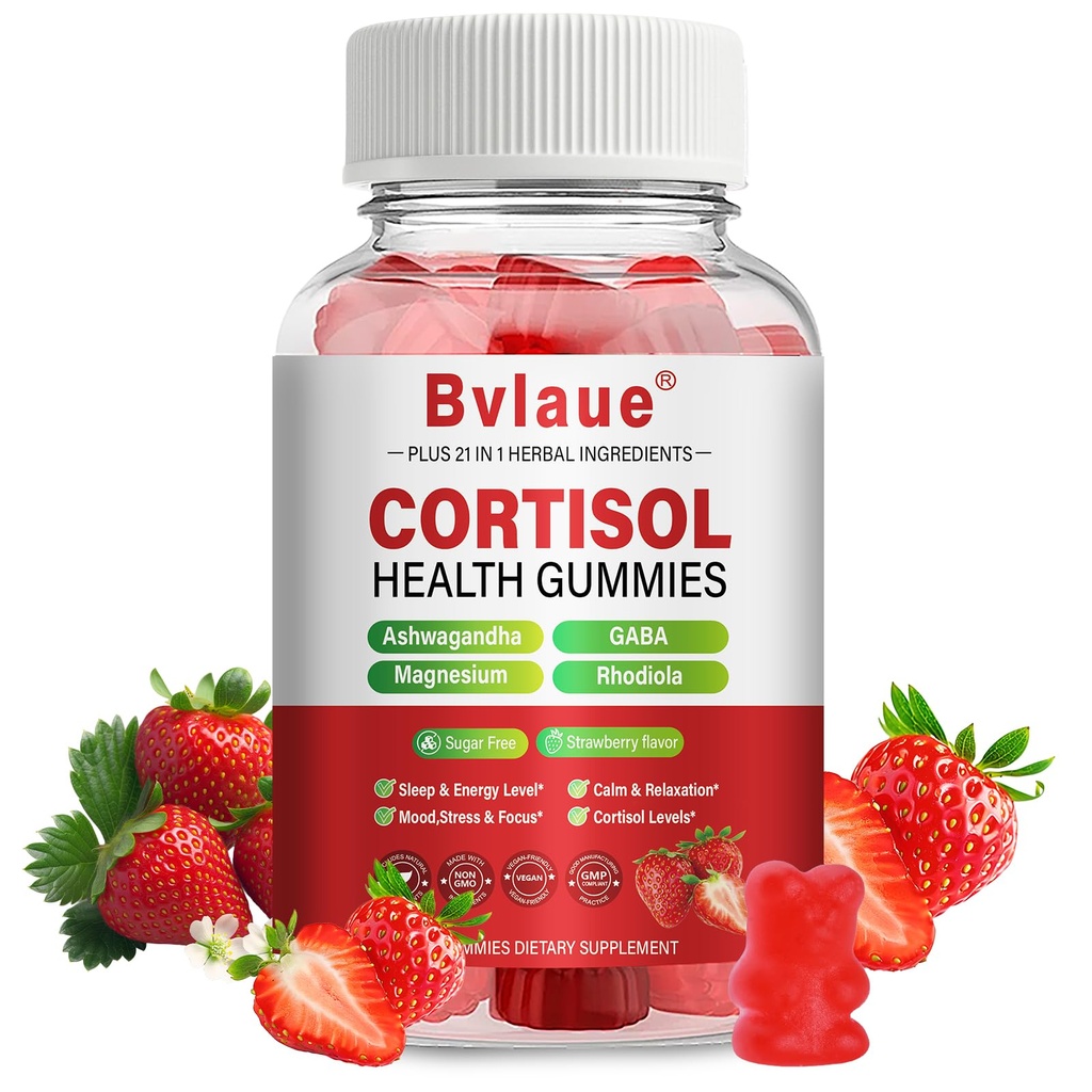 Cortisol Supplements for Women & Men - Cortisol Reducer Detox Manager with Ashwagandha/Magnesium/L-theanine/GABA/Vitamin B6 for Mood/Sleep/Stress Relief 90 CT Strawberry Flavor Gummies