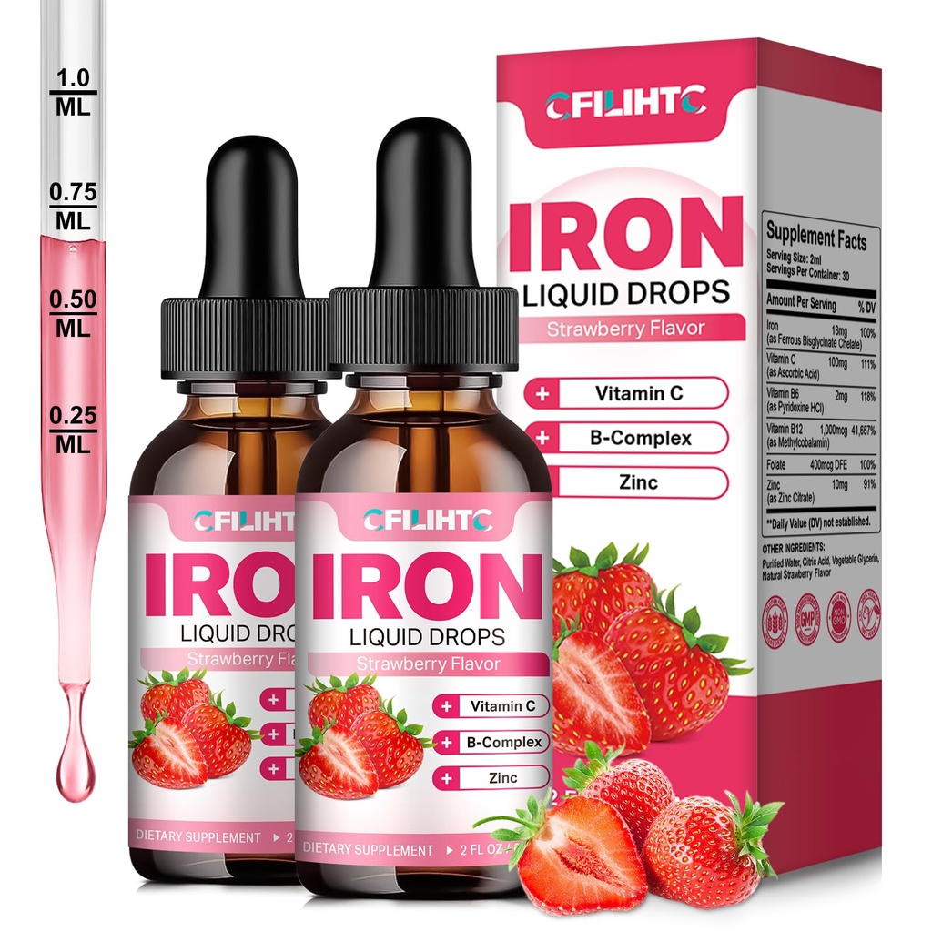 Flydende jerntilskud til kvinder Mænd og børn Multivitamin jerndråber med folat, C-vitamin, B6, B12, Zink til anæmi, jernmangel, blodbygger, energi - Natural Strawberry Flavor, Vegan 4 Fl Oz
