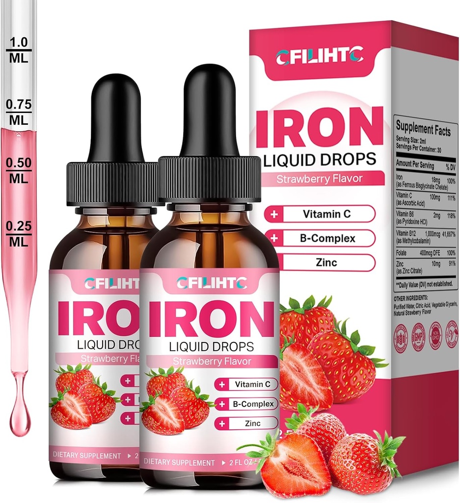 Flydende jerntilskud til kvinder Mænd og børn Multivitamin jerndråber med folat, C-vitamin, B6, B12, Zink til anæmi, jernmangel, blodbygger, energi - Natural Strawberry Flavor, Vegan 4 Fl Oz