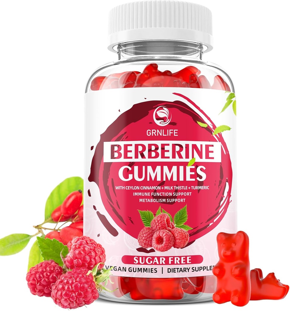 Berberine Gummies med Ceylon Cinnamon 1500mg høj potens Berberine HCL supplement til immun- og metabolismestøtte, sukker fri, Raspberry Flavor - 60 Greve
