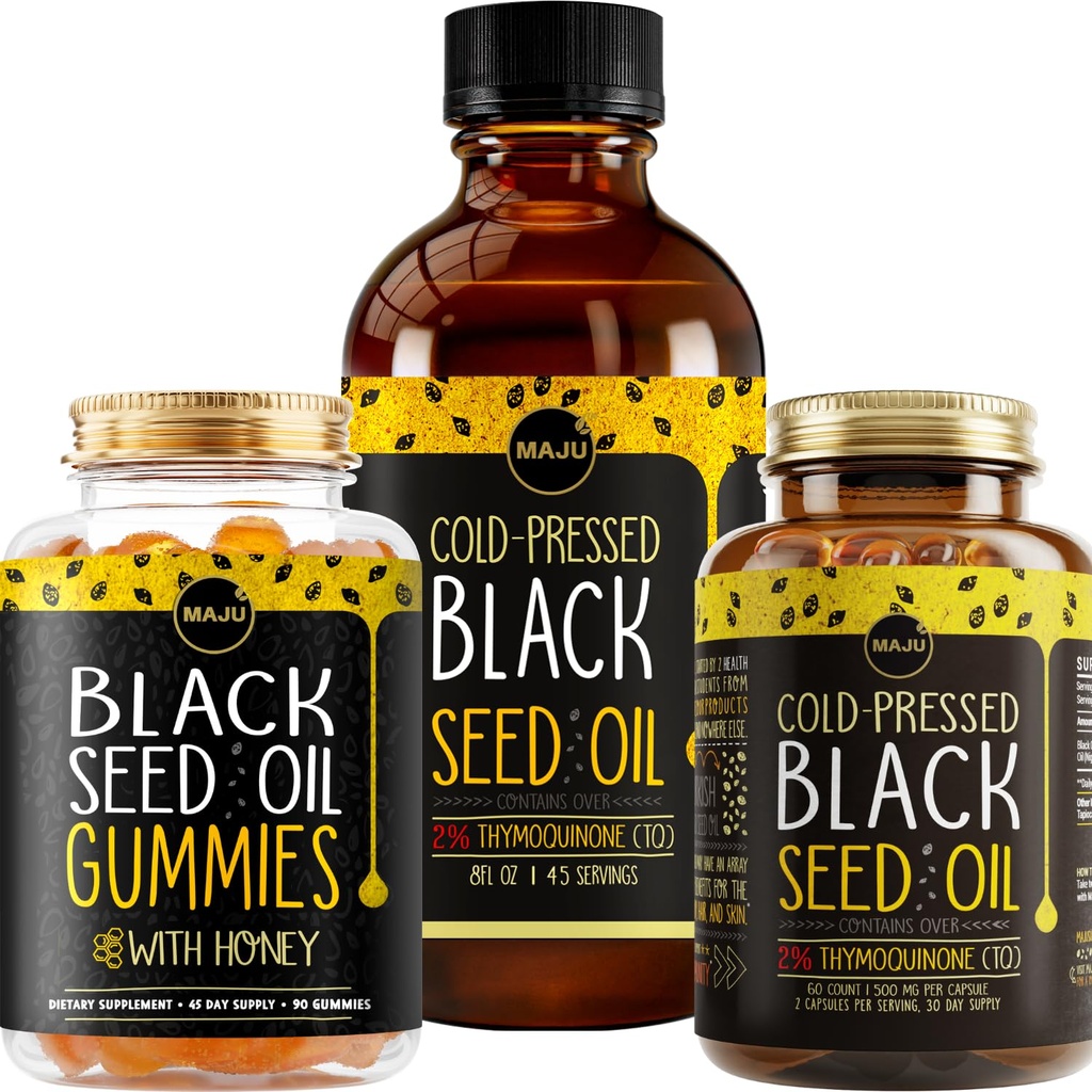 Maju Superfoods Black Seed Oil 3- in-1 Bundle, Gummies, Kapsler, & Væske
