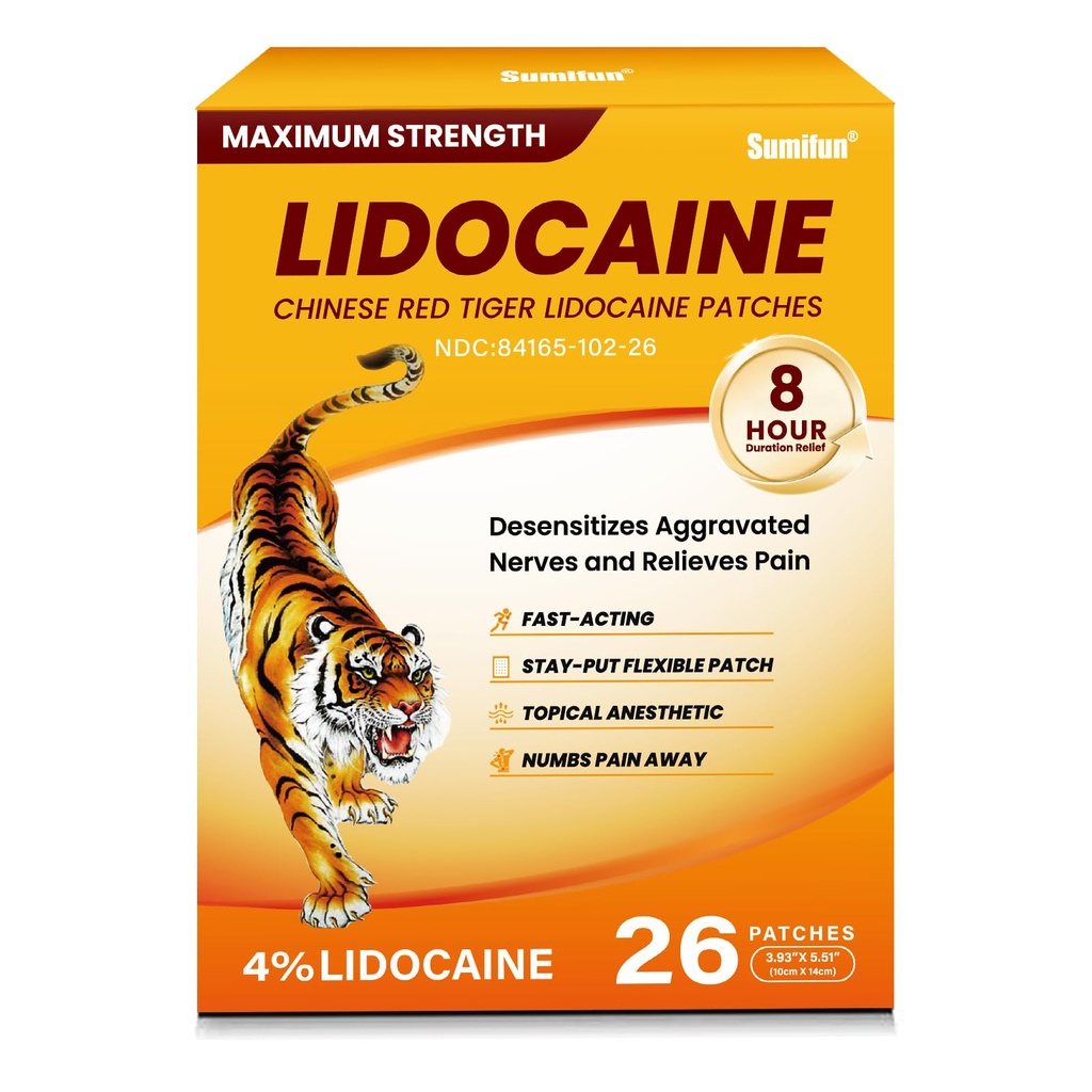 Sumifun 4% Lidocaine Pain Relief Patches,26 Count-Chinese Red Tiger Lidocaine Patches Maximum Strength Gel Patch for Muscule Sore Simple Backaches Joint Pain Topical Analgesic Odor Free