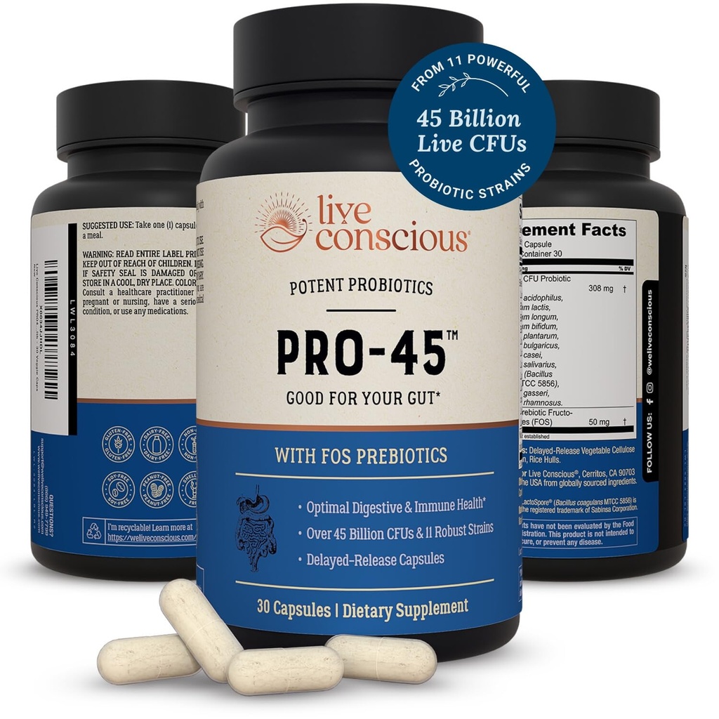 Live Bevidsthed PRO45 Probiotika for kvinder & mænd: Omfattende Formel, 45 Millioner CFU, 11 Strops, Dairy Free - w / Prebiotika og Probiotika - fremmer immunforsvar & Gut Sundhed - 30 Veggie Caps