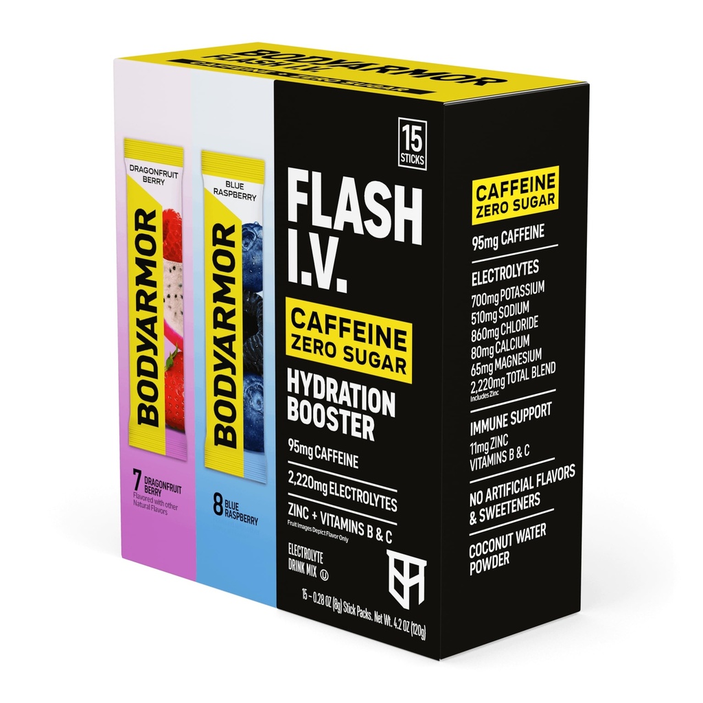 BODYARMOR Caffeinated Flash IV Electrolyte Packets, Blue Raspberry & Dragonfruit Berry Variety Pack, Zero Sugar Energy Drink Mix, Single Serve Packs, Hydration for Pre Workout (15 Count)