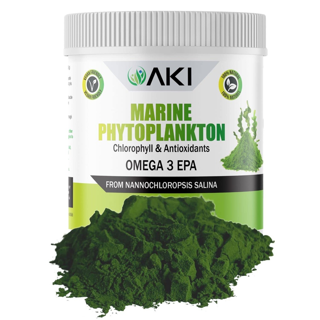 AKI Marine Phytoplankton Powder - Kilde til Raw Omega-3 EPA Micro Algae Nanochloropsis - Plantebaserede proteiner, Vitaminer for samlet wellness - Komplet proteinkilde, Vegan & GMO fri (2oz / 57g)