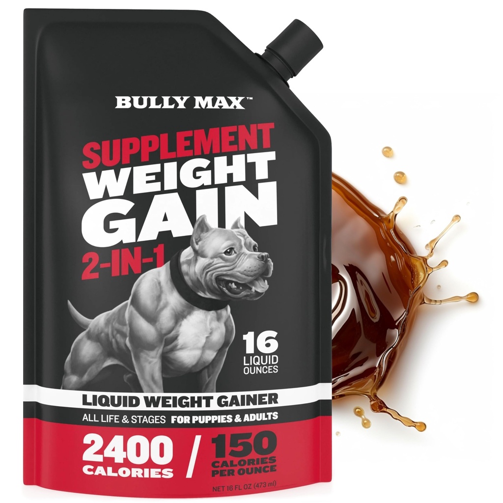 Bully Max Flydende Vægt Gainer til hunde - Høj kalorie hund tillæg med Omega-3 & Whey Protein - 2-in-1 Multivitamin til sund vægt Gain - for hvalpe & voksne hunde - 16 oz