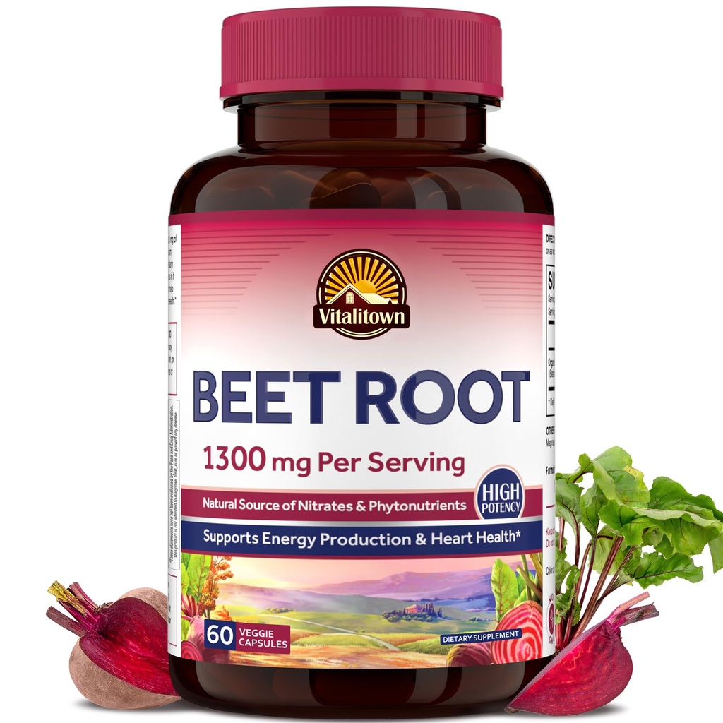 Vitalitown Beet Root Capsules 1300 mg with Organic Beet Root, Natural Nitric Oxide Booster, Superfood for Healthy Heart & Energy Levels, High Potency Supplement, 60 Vegan Capsules, Non-GMO