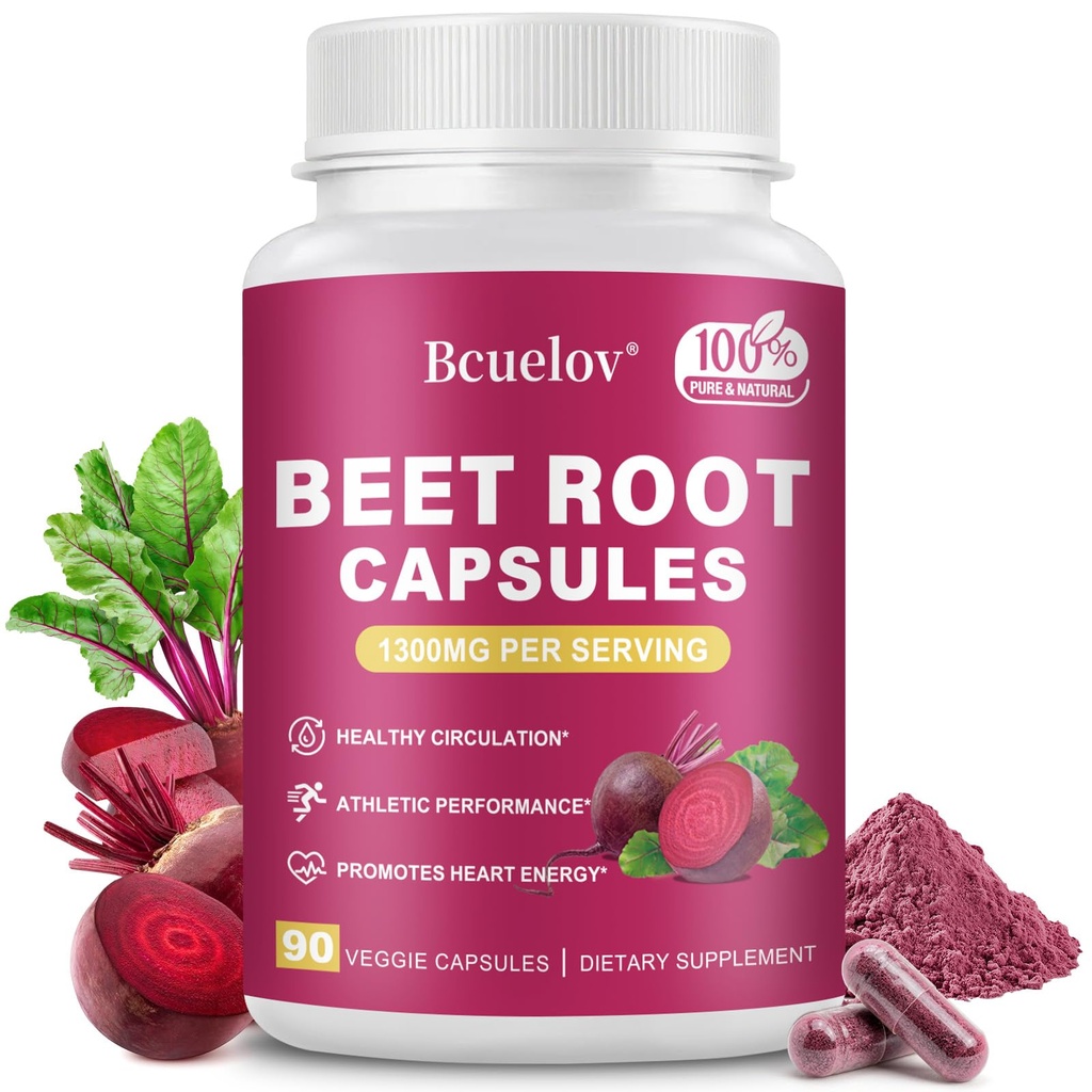 Beet Root Capsules | 1300mg Pure Beetroot Powder Capsules – Supports Blood Pressure, Natural Energy & Endurance - 90 Capsules, 45 Days Supply