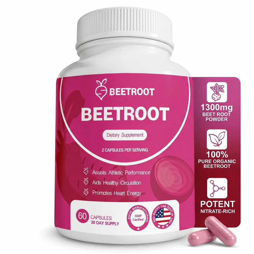 Beetroot Capsules – 1300mg Non-GMO Beet Root Powder Supplement – 60 Vegan Capsules for Natural Energy, Blood Flow & Endurance Support