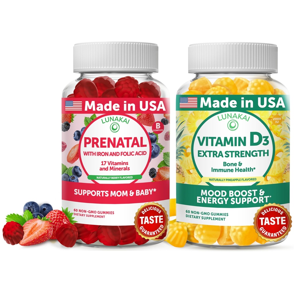 Lunakai Prenatal og vitamin D3 Gummies Bundle - Graviditet Multivitamin Gummy med jern & folsyre - Immunitet, ben og mood Support for voksne - 30 dages forsyning