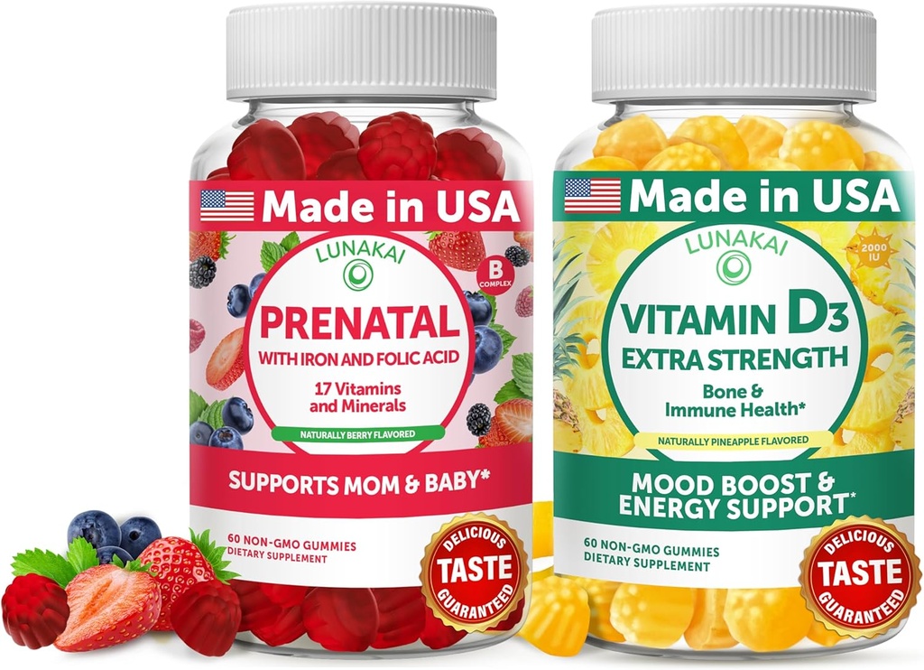 Lunakai Prenatal og vitamin D3 Gummies Bundle - Graviditet Multivitamin Gummy med jern & folsyre - Immunitet, ben og mood Support for voksne - 30 dages forsyning